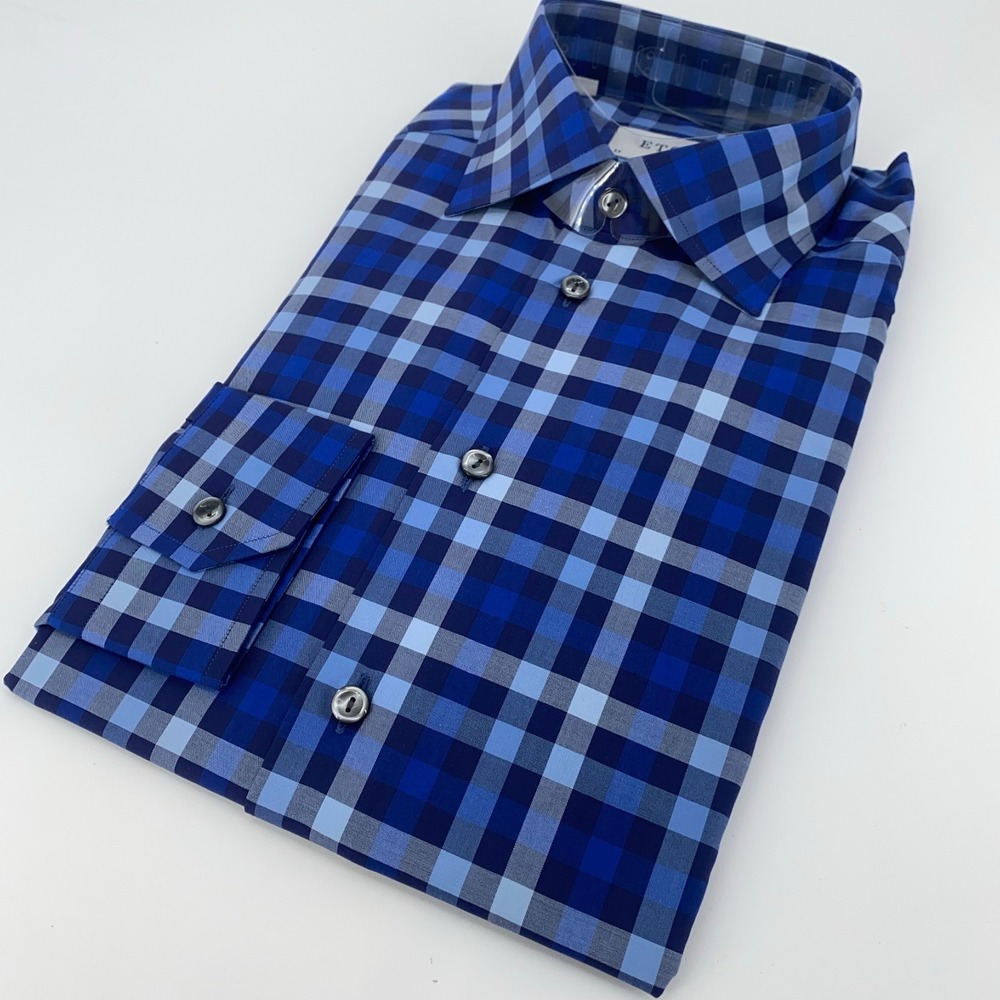 Eton Dress Shirt Men 15 1/2-39 Blue Plaid York Contemporary Fit Collar Button Up